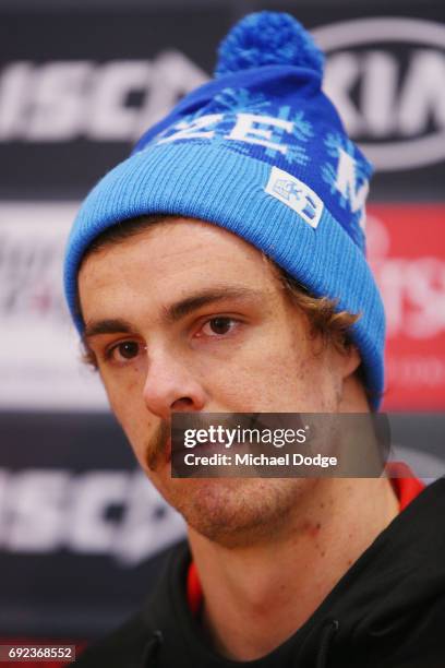 Joe Daniher of the Bombers speaks to media during a cheque presentation to fight MND at the Essendon Football Club on June 5, 2017 in Melbourne,...