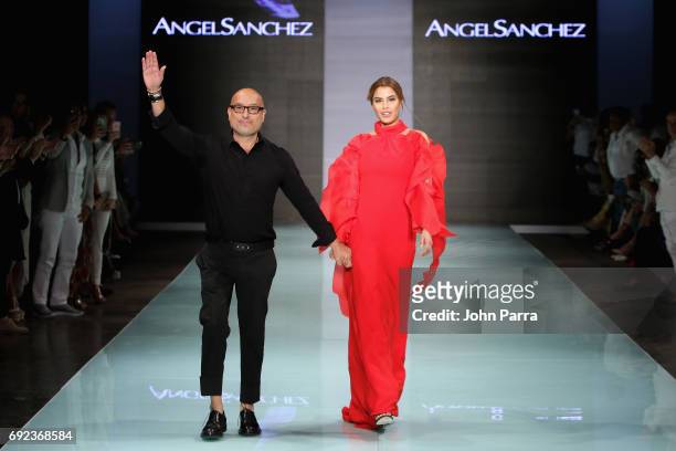 Designer Angel Sanchez and Former Miss Colombia Ariadna Gutierres walks the runway at the Angel Sanchez Fashion Show at Miami Fashion Week at Ice...