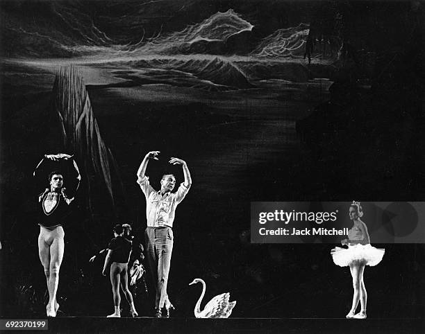 Choreographer George Balanchine rehearsing Edward Villella and Patricia McBride in Swan Lake Act II, in September 1964.
