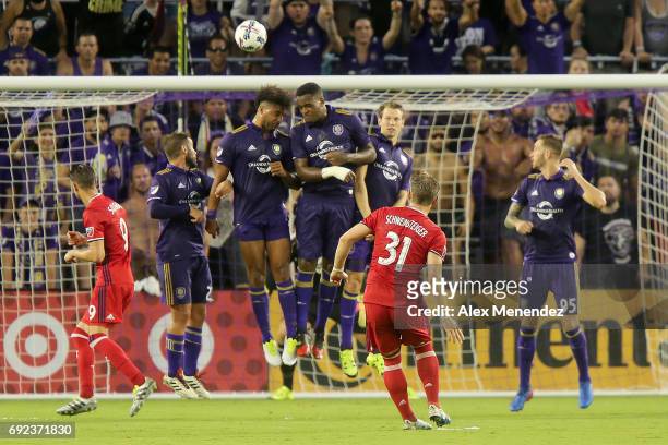 Bastian Schweinsteiger of Chicago Fire attempts a free kick during a MLS soccer match between the Chicago Fire and the Orlando City SC at Orlando...
