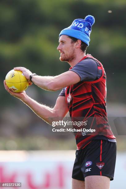 Matthew Leuenberger of the Bombers during an Essendon Bombers AFL training session at the Essendon Football Club on June 5, 2017 in Melbourne,...