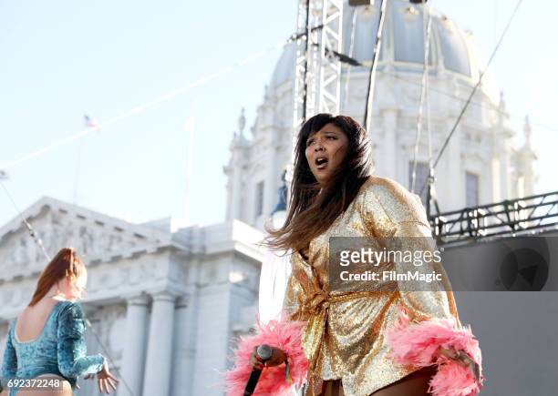 Recording artist Lizzo performs onstage at the Piazza Del Cluster Stage during Colossal Clusterfest at Civic Center Plaza and The Bill Graham Civic...