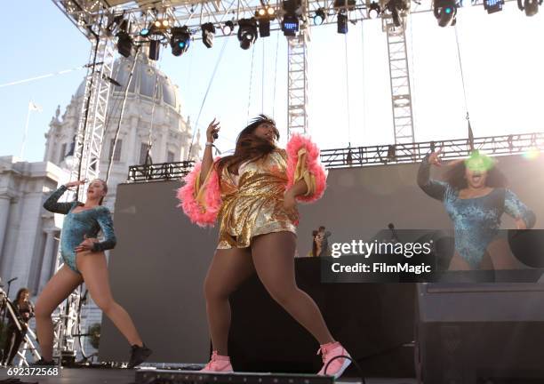 Recording artist Lizzo performs onstage at the Piazza Del Cluster Stage during Colossal Clusterfest at Civic Center Plaza and The Bill Graham Civic...