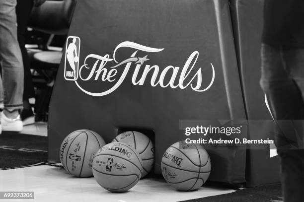 Shot of the NBA Finals logo before Game Two of the 2017 NBA Finals on June 4, 2017 at ORACLE Arena in Oakland, California. NOTE TO USER: User...