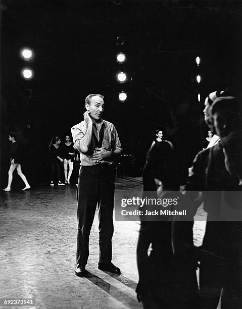 George Balanchine,famed choreographer and Artistic Director of the New York City Ballet, photographed on stage at City Center during a rehearsal of...