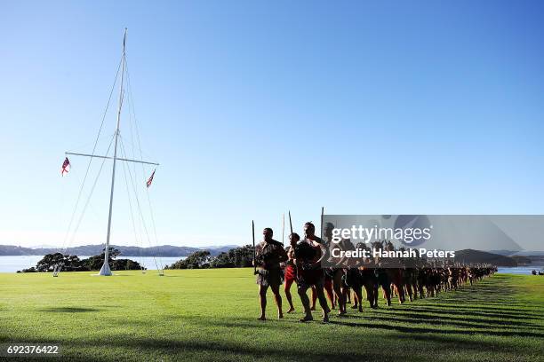 Maori Warriors arrive to welcome the British & Irish Lions Maori at Waitangi Treaty Grounds on June 4, 2017 in Waitangi, New Zealand.