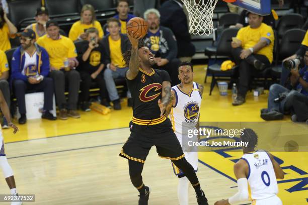 Derrick Williams of the Cleveland Cavaliers shoots the ball against the Golden State Warriors in Game Two of the 2017 NBA Finals on June 4, 2017 at...