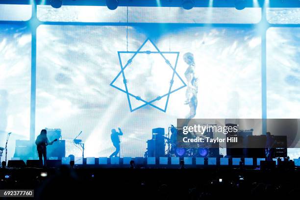 Adam Jones, Maynard James Keenan, Danny Carey and Justin Chancellor of Tool perform live onstage during 2017 Governors Ball Music Festival - Day 3 at...