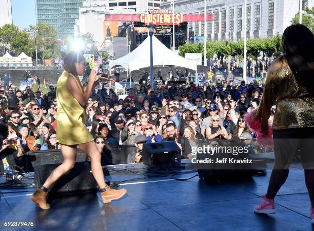 Recording artist Lizzo, right, performs onstage at the Piazza Del Cluster Stage during Colossal Clusterfest at Civic Center Plaza and The Bill Graham...
