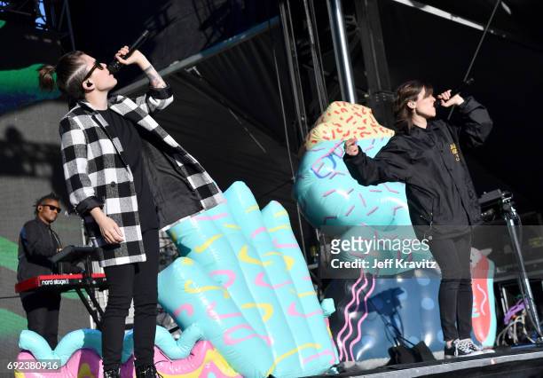 Tegan and Sara perform onstage at the Colossal Stage during Colossal Clusterfest at Civic Center Plaza and The Bill Graham Civic Auditorium on June...