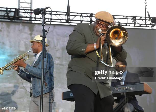 Musician Ronell Johnson of the Preservation Hall Jazz Band performs onstage at the Piazza Del Cluster Stage during Colossal Clusterfest at Civic...