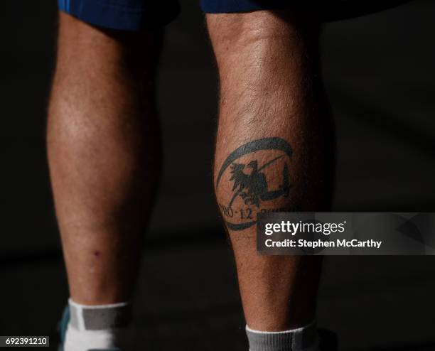 Auckland , New Zealand - 5 June 2017; A detailed view of a tatoo on the leg of Blues skills coach Dave Ellis, marking Connacht's PRO12 triumph during...