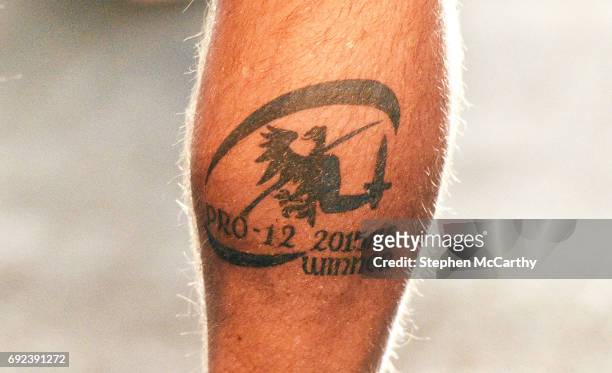 Auckland , New Zealand - 5 June 2017; A detailed view of a tatoo on the leg of Blues skills coach Dave Ellis, marking Connacht's PRO12 triumph during...
