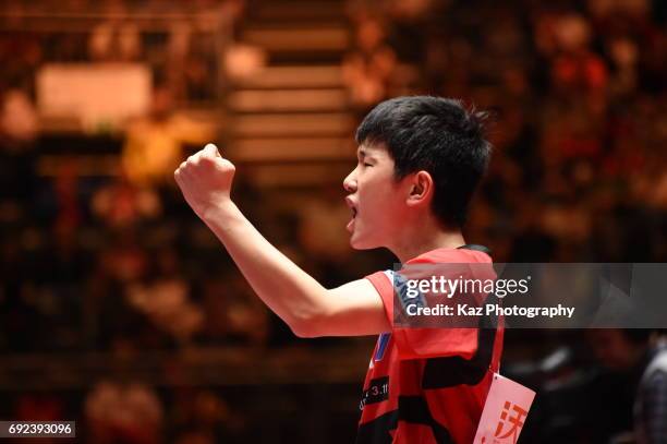 Tomokazu Harimoto of Japan celebrates the point at Messe Duesseldorf on June 4, 2017 in Dusseldorf, Germany.