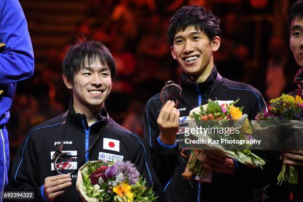 Koki Niwa and Mahara Yoshimura of Japan won the bronze in Mens Doubles for the first time in 48 years at Messe Duesseldorf on June 4, 2017 in...