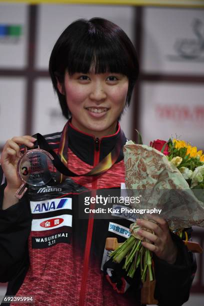 Miu Hirano of Japan celebrates the Bronze medal for the first time in 48 years at Messe Duesseldorf on June 4, 2017 in Dusseldorf, Germany.