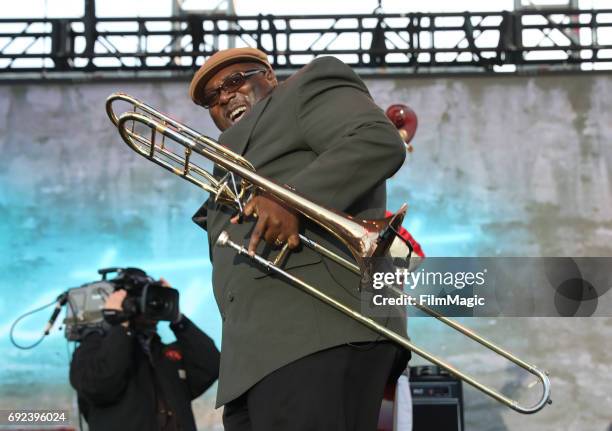 Musician Ronell Johnson of the Preservation Hall Jazz Band performs onstage at the Piazza Del Cluster Stage during Colossal Clusterfest at Civic...