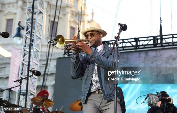 Musician Branden Lewis of Preservation Hall Jazz Band performs onstage at the Piazza Del Cluster Stage during Colossal Clusterfest at Civic Center...