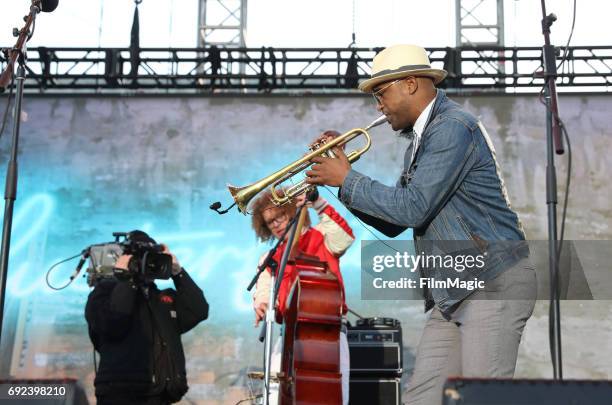 Musician Branden Lewis of Preservation Hall Jazz Band performs onstage at the Piazza Del Cluster Stage during Colossal Clusterfest at Civic Center...