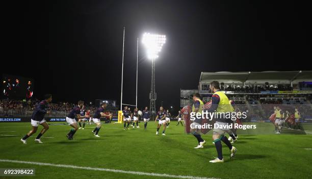 The Lions warm up during the match between the New Zealand Provincial Barbarians and the British & Irish Lions at Toll Stadium on June 3, 2017 in...