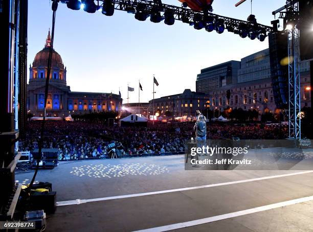 Comedian Hannibal Buress performs onstage at the Colossal Stage during Colossal Clusterfest at Civic Center Plaza and The Bill Graham Civic...