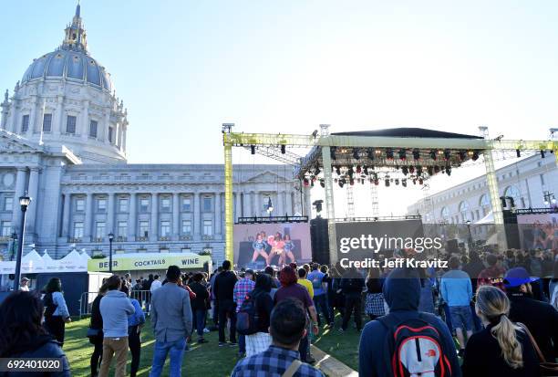 Lizzo performs onstage at the Piazza Del Cluster Stage during Colossal Clusterfest at Civic Center Plaza and The Bill Graham Civic Auditorium on June...