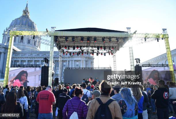 Lizzo performs onstage at the Piazza Del Cluster Stage during Colossal Clusterfest at Civic Center Plaza and The Bill Graham Civic Auditorium on June...