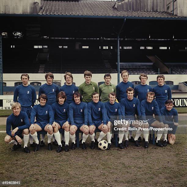 Chelsea Football Club squad players posed together at Stamford Bridge stadium in London on 20th March 1970 prior to their FA Cup final match with...