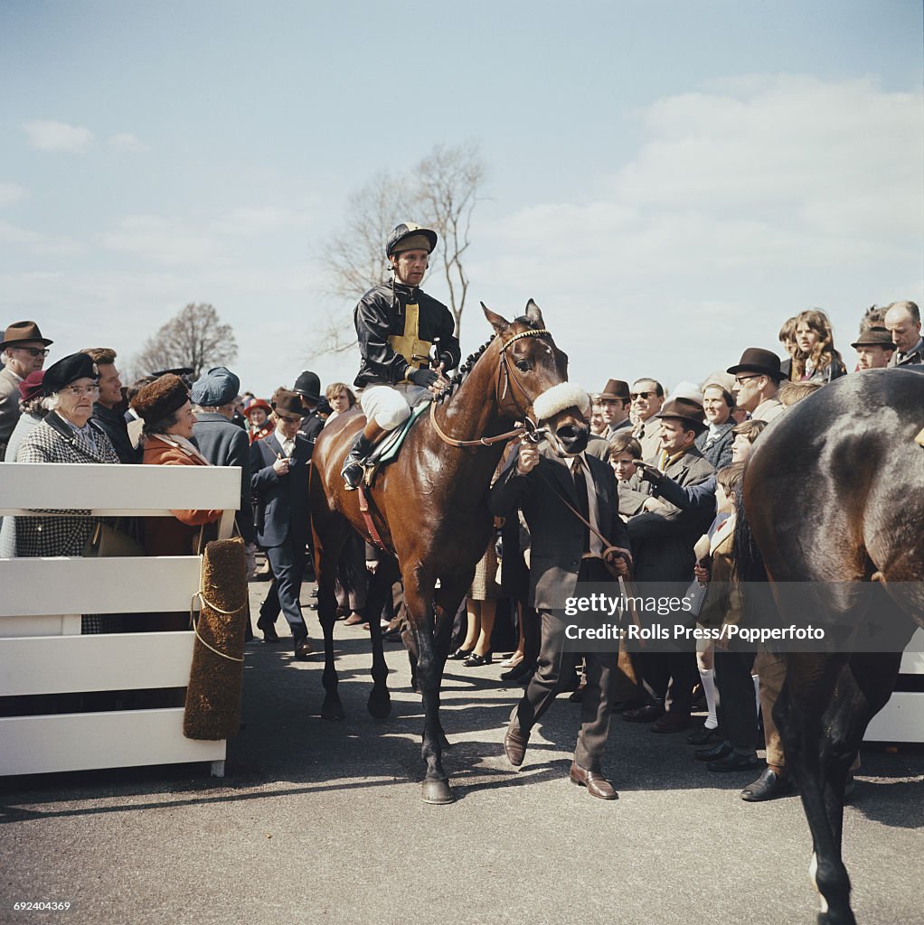 Lewis Riding Welsh jockey Geoff Lewis pictured riding the racehorse Mill Reef out ...