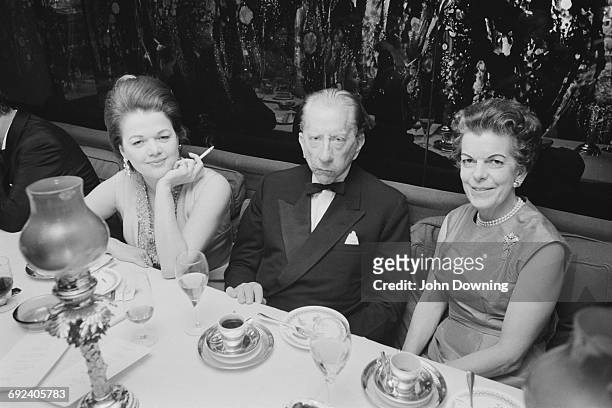 American industrialist J. Paul Getty at Annabel's with Mrs Dino Da Ponte and Hermione, Lady Ranfurly , for Susan Da Ponte's coming-out party, London,...