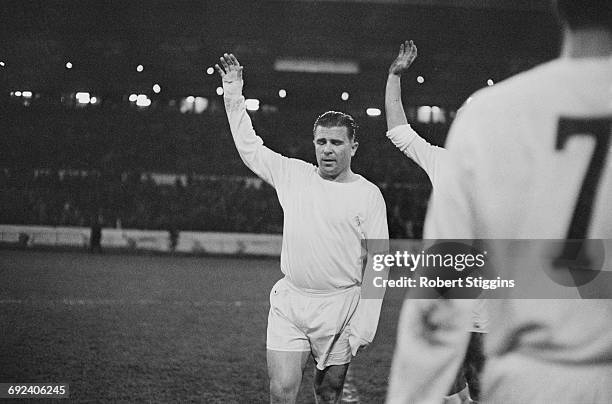 Hungarian footballer Ferenc Puskas of Real Madrid leads the team out to play Chelsea at Stamford Bridge, London, 22nd November 1966.