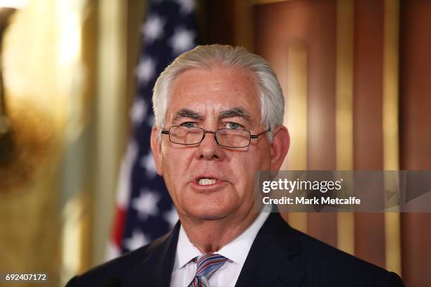 Secretary of State Rex Tillerson speaks at a joint media conference at Government House on June 5, 2017 in Sydney, Australia. The Australia-US...