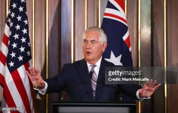 Secretary of State Rex Tillerson speaks at a joint media conference at Government House on June 5, 2017 in Sydney, Australia. The Australia-US...