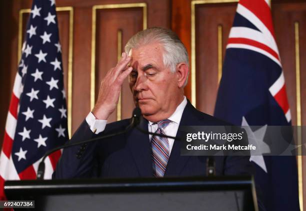 Secretary of State Rex Tillerson speaks at a joint media conference at Government House on June 5, 2017 in Sydney, Australia. The Australia-US...