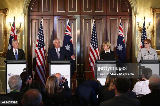 Secretary of State Rex Tillerson speaks at a joint media conference at Government House on June 5, 2017 in Sydney, Australia. The Australia-US...