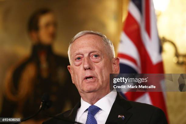 Secretary of Defence Jim Mattis speaks at a joint media conference at Government House on June 5, 2017 in Sydney, Australia. The Australia-US...