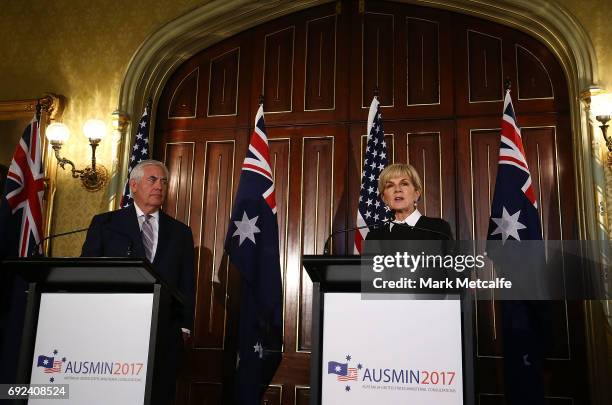 Australian Minister for Foreign Affairs Julie Bishop speaks at a joint media conference at Government House on June 5, 2017 in Sydney, Australia. The...