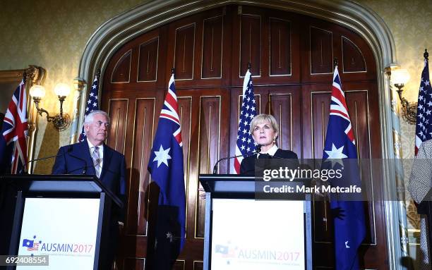 Secretary of State Rex Tillerson and Australian Minister for Foreign Affairs Julie Bishop speak at a joint media conference at Government House on...