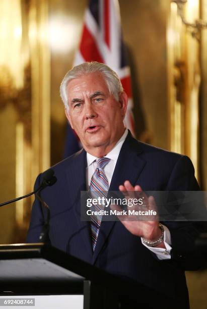 Secretary of State Rex Tillerson speaks at a joint media conference at Government House on June 5, 2017 in Sydney, Australia. The Australia-US...