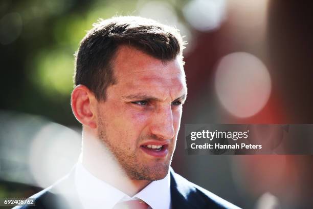 Sam Warburton of the Lions speaks to the media following the British & Irish Lions Maori Welcome at Waitangi Treaty Grounds on June 4, 2017 in...