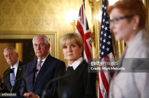Secretary of State Rex Tillerson, US Secretary of Defence Jim Mattis and Australian Minister for Foreign Affairs Julie Bishop look on as Australian...