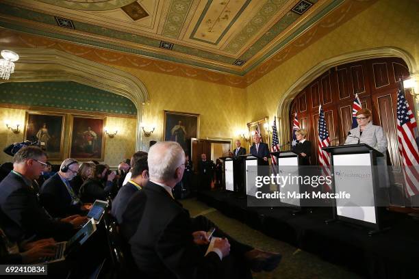 Secretary of State Rex Tillerson speaks at a joint media conference at Government House on June 5, 2017 in Sydney, Australia. The Australia-US...