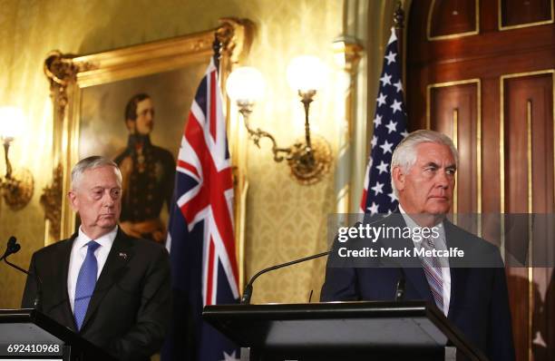 Secretary of State Rex Tillerson and US Secretary of Defence Jim Mattis attend a a joint media conference at Government House on June 5, 2017 in...