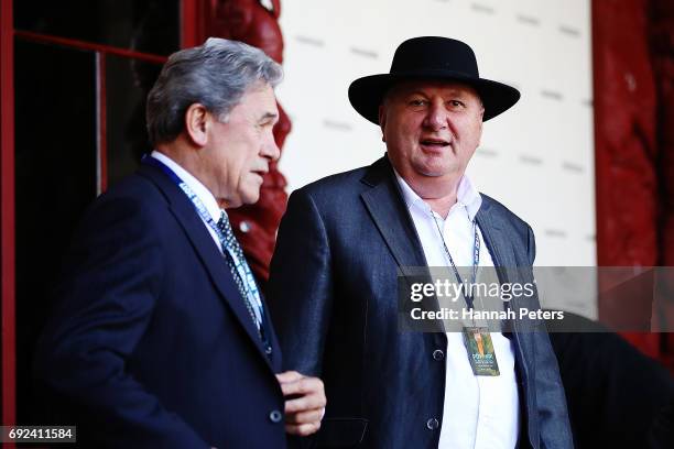 First Party leader Winston Peters meets former MP Shane Jones outside the meeting house during the British & Irish Lions Maori Welcome at Waitangi...