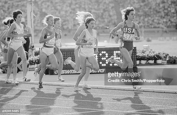 View of athletes competing in the final of the Women's 3000 metres event, with from left, silver medal winner Wendy Sly of Great Britain , Agnese...