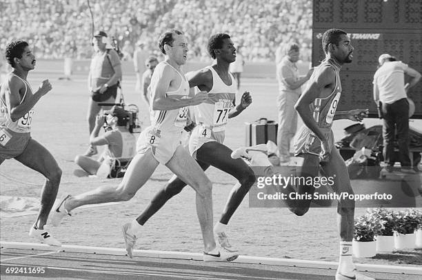 View of athletes competing in heat 3 of the quarterfinals of the Men's 800 metres event, with from left, William Wuycke of Venezuela , Steve Ovett of...