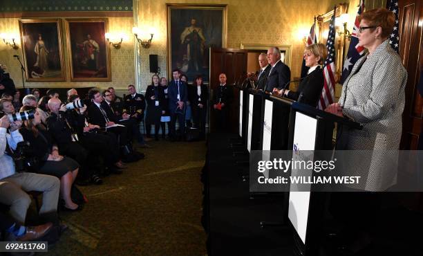 Secretary of State Rex Tillerson speaks at a press conference as Australian Foreign Minister Julie Bishop , Australian Defence Minister Marise Payne...