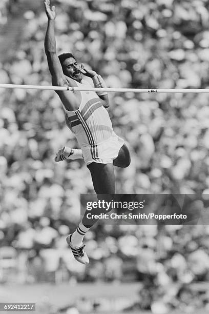 Daley Thompson of Great Britain competes in the pole vault discipline on the second day of the decathlon competition at the 1984 Summer Olympics in...