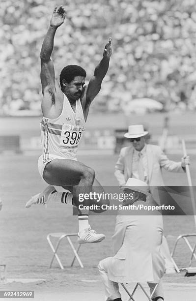 Daley Thompson of Great Britain competes in the long jump discipline on the first day of the decathlon competition at the 1984 Summer Olympics in Los...