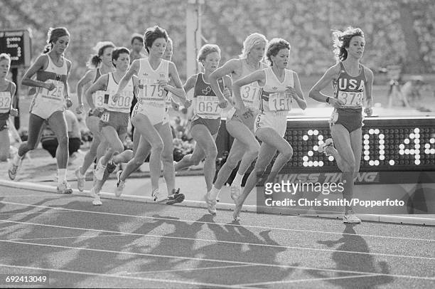 View of athletes competing in the final of the Women's 3000 metres event, with from left, Brigitte Kraus of West Germany , Aurora Cunha of Portugal ,...